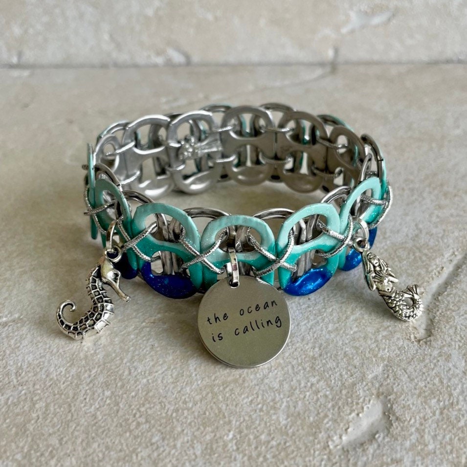 Ocean Waves Soda Pop Tab Bracelet - Mermaid, Seahorse, Beach