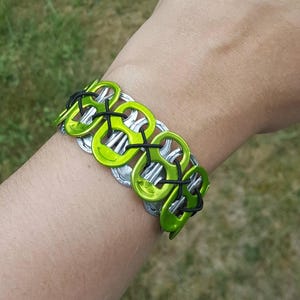 Bright Green Soda Pop Tab Bracelet  - Halloween, Frankenstein, Green and Black, eco friendly, Lime Green