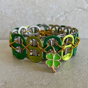St. Patricks Day Soda Pop Tab Bracelet - green, shamrock charm, fun, novelty, irish, celebration, march 17, matching earrings