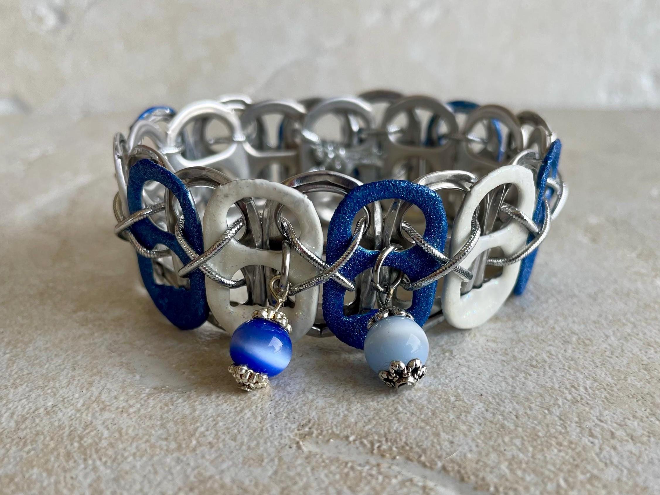 Denim Blue and White Soda Tab Bracelet: Recycled Jewelry Set