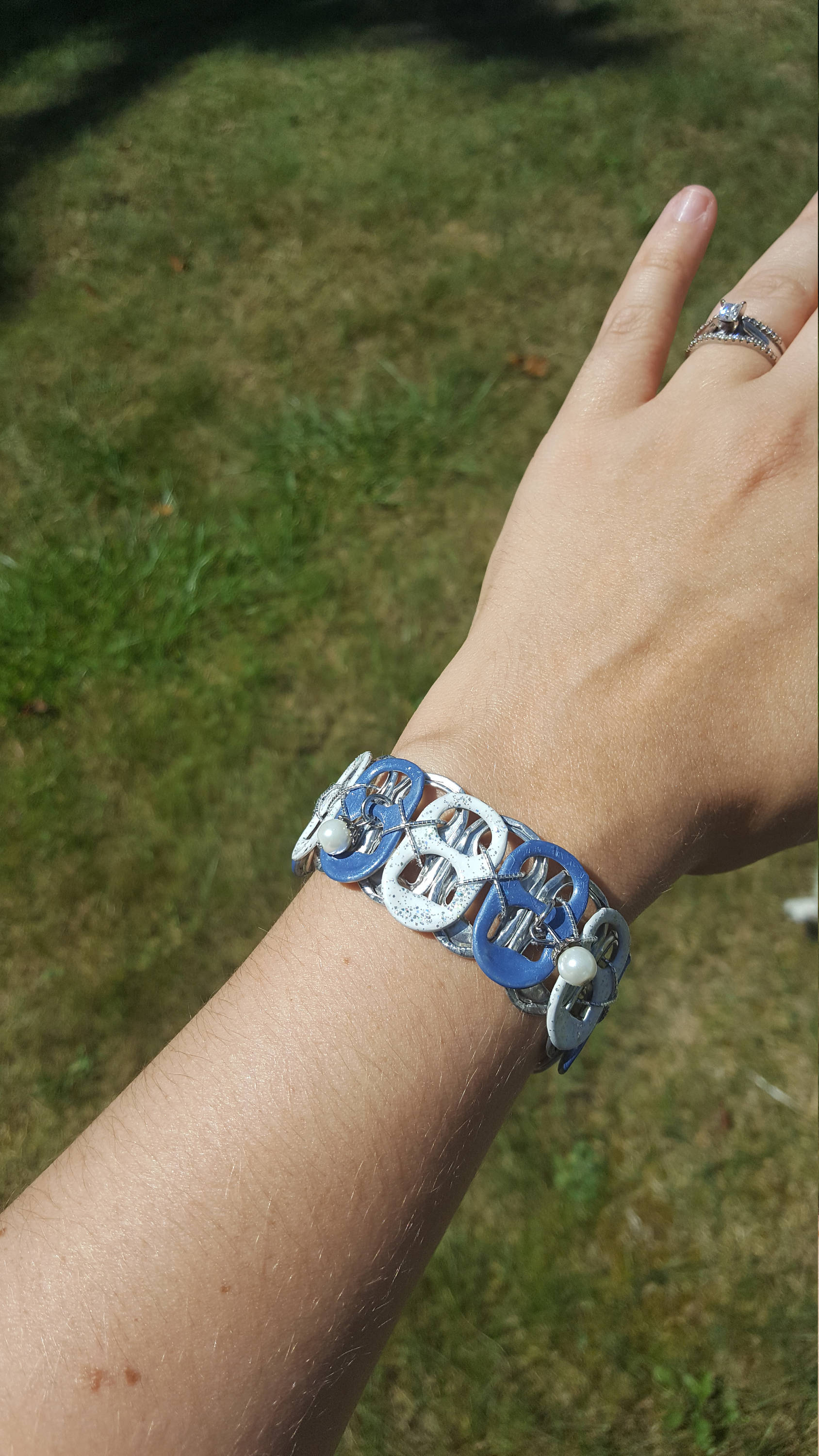 Denim Blue and White Soda Tab Bracelet: Recycled Jewelry Set