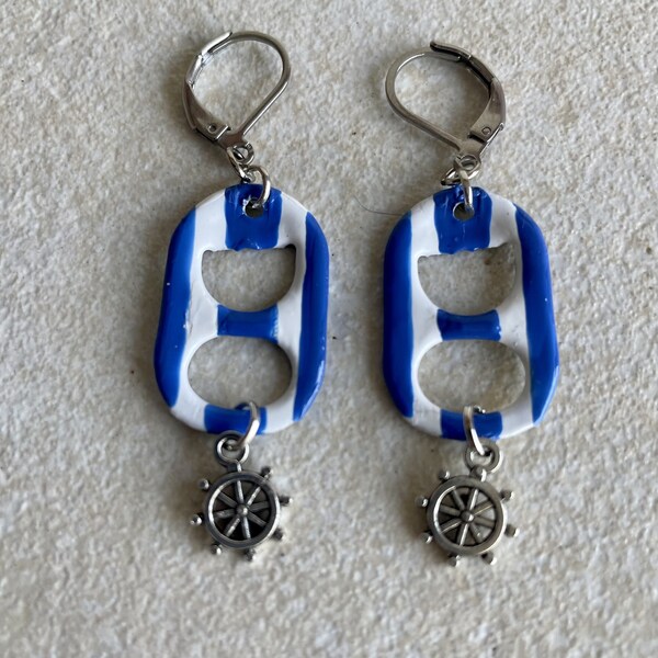 Nautical Soda Pop Tab Earrings - Anchor, Ship Ahoy, Blue and White, Oceanic, Jewelry Set, Sailing, Upcycled