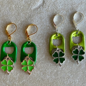 St. Patricks Day Soda Pop Tab Earrings - green, shamrock charms, fun, novelty, irish, celebration, march 17, matching bracelet