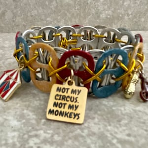 Not My Circus Soda Pop Tab Bracelet - Circus, Monkeys, Peanuts, Novelty, Colorful, Funny Quote