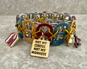 Not My Circus Soda Pop Tab Bracelet - Circus, Monkeys, Peanuts, Novelty, Colorful, Funny Quote