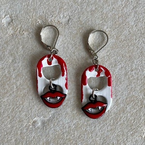 Vampire Soda Pop Tab Earrings - Halloween, Dracula, Vampire Teeth, White, Red, Charms