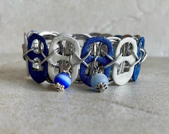 Denim Blue and White Soda Tab Bracelet: Recycled Jewelry Set, Glitter, Charms