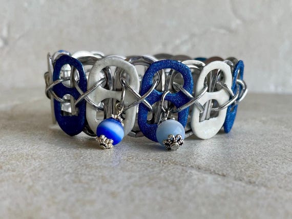 Denim Blue and White Soda Tab Bracelet: Recycled Jewelry Set