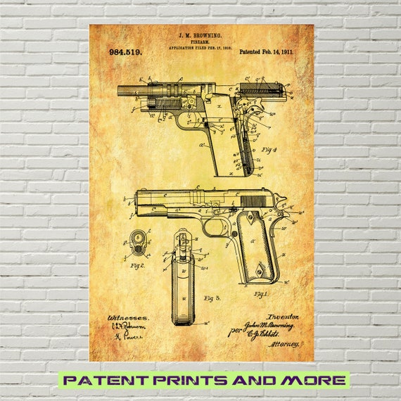 Display Art Print US PATENT for COLT 1911 FIREARM Browning Gun 45 1911