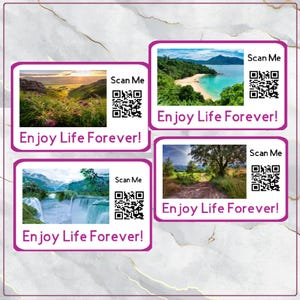 36 x Profitez de la vie pour toujours ! Stickers, 4 modèles différents, avec code QR