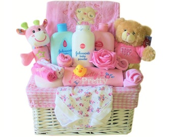 Luxury Baby Girl Gift Basket: Pink Wicker Basket With Teddy Bear - Main Image