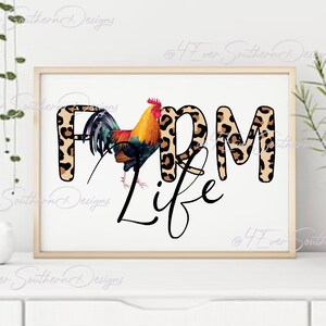 May include: Framed artwork with the words "FARM LIFE" in a mix of leopard print and black script. A colorful rooster stands next to the word "FARM". The artwork is displayed on a white surface.