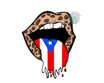 Tunga och läppar, Puertoricansk flagga, leopardtryck, digital fil, sublimeringsdesign, skjortöverföring, strykning, PNG-bild, direktnedladdning