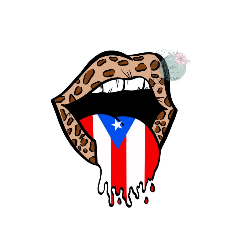 Tunga och läppar, Puertoricansk flagga, leopardtryck, digital fil, sublimeringsdesign, skjortöverföring, strykning, PNG-bild, direktnedladdning bild 1