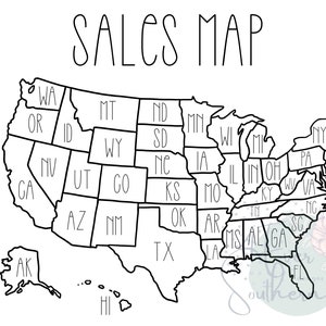 May include: Black and white sales map of the United States with state abbreviations. The words "SALES MAP" are at the top in a handwritten font. The map includes Alaska and Hawaii.