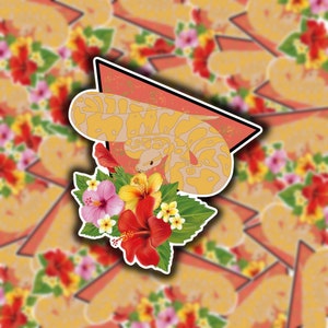 May include: A sticker featuring a yellow and tan snake coiled around a red triangle. The snake is decorated with a bouquet of pink, yellow, and red hibiscus flowers and green leaves. The background is a repeating pattern of the same design.
