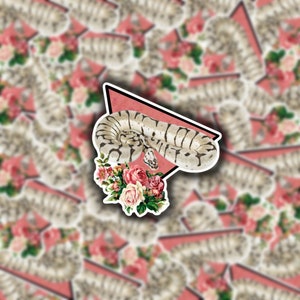 May include: A sticker featuring a coiled snake with black and white markings, a butterfly, and a bouquet of pink and red roses. The snake is set against a pink triangle, with a background of similar images.