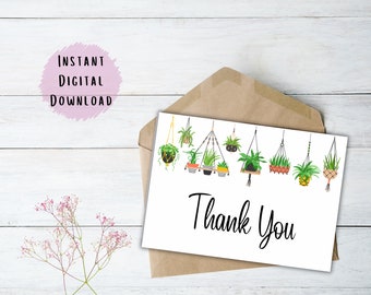 Afdrukbare plant dank u kaart/aquarel downloadbare kaart/print thuis/digitale kaart/dank u PDF/Boho blanco kaart/hangende planten