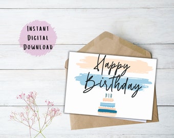 Beautiful Watercolor Printable Birthday Card/ Boho Downloadable Card/ Print at Home, Birthday Cake Card/ Download Today/ Downloadable Card