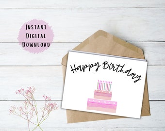 Beautiful Watercolor Printable Birthday Card/ Boho Digital Card/ Print at Home/ Birthday Cake Card/ Download Today/ Digital Download Card