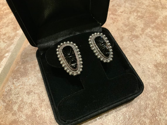 Vintage Silver Earrings Black Onyx Carved Aztec F… - image 3