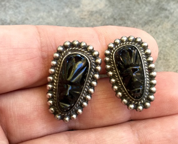 Vintage Silver Earrings Black Onyx Carved Aztec F… - image 1