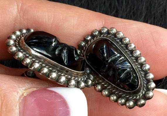 Vintage Silver Earrings Black Onyx Carved Aztec F… - image 2