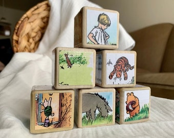 6 handmande RARE Classic Winnie the Pooh Wooden Blocks in COLOR