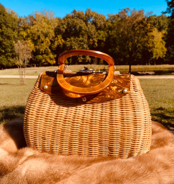 Vintage Wicker Purse with Lucite Handles