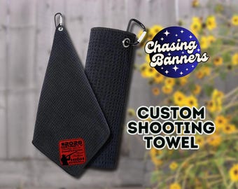 Custom Shooting Golf Towel w/Leatherette Patch Award Gift Buyer Winner 4H Shooting Sports Skeet Trap Shotgun Champion Personalized