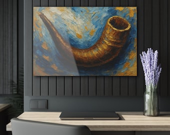 Shofar Horn Painting Acrylic Wall Art – 36″×24″ Judaica Print