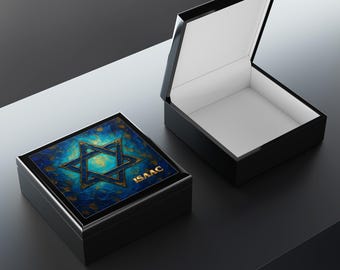 Personalized Star of David Jewelry Box, Blue Gold Judaica Keepsake, Bat Bar Mitzvah Wedding Gift