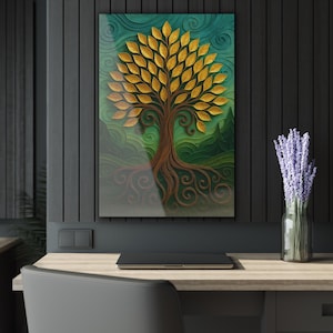 May include: A framed artwork featuring a stylized tree with gold-colored leaves and a brown trunk and roots. The background has shades of green and blue. The artwork is displayed on a desk with a laptop and a vase of lavender.