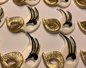 Maquerade Mask Cupcake Toppers Gold/White with black