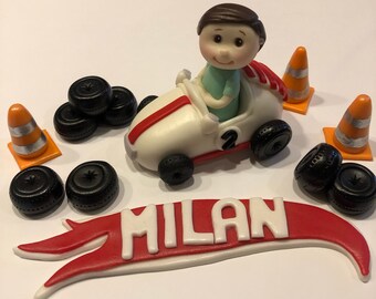 Edible race car boy cake topper set