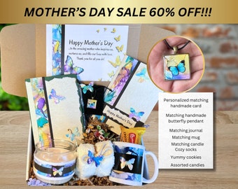 Mother's Day gift box with butterfly pendant, journal, mug and candle. Care package for mom.  Hygge gift box. Self care package for her.