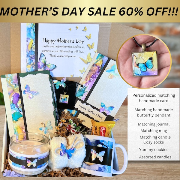 Mother's Day gift box with butterfly pendant, journal, mug and candle. Care package for mom.  Hygge gift box. Self care package for her.