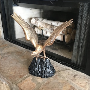 Vintage 18&quot; Tall Flying Brass Eagle Landing on Rock/Cliff, 16&quot; Wide Wing Span, Brass Eagle Sculpture, Flying Brass Eagle Statue, Bald Eagle