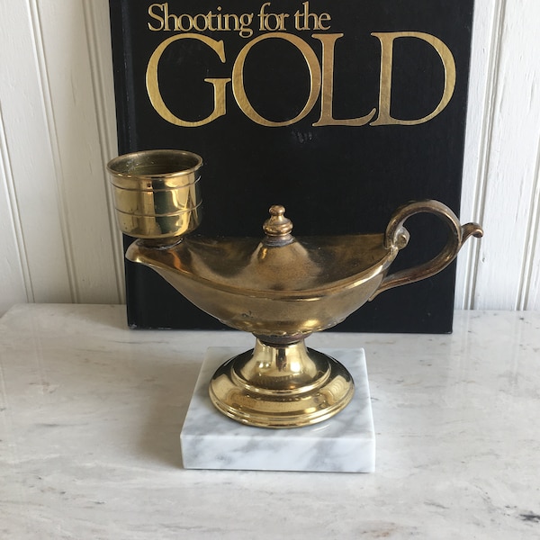 Vintage 7" Brass and Gold Metal Genie Lamp on a Marble Base w/ Candleholder, Aladdin Style Lamp Candleholder,  Antique Lamp w/Loop Handle