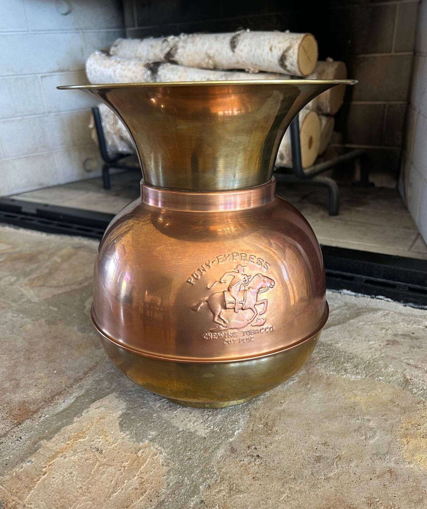 pony express chewing tobacco cut plug spittoon Vintage Brass Spittoon, 10" Tall, Embossed Advertisement, Tobacciana Vintage Pony Express Copper &