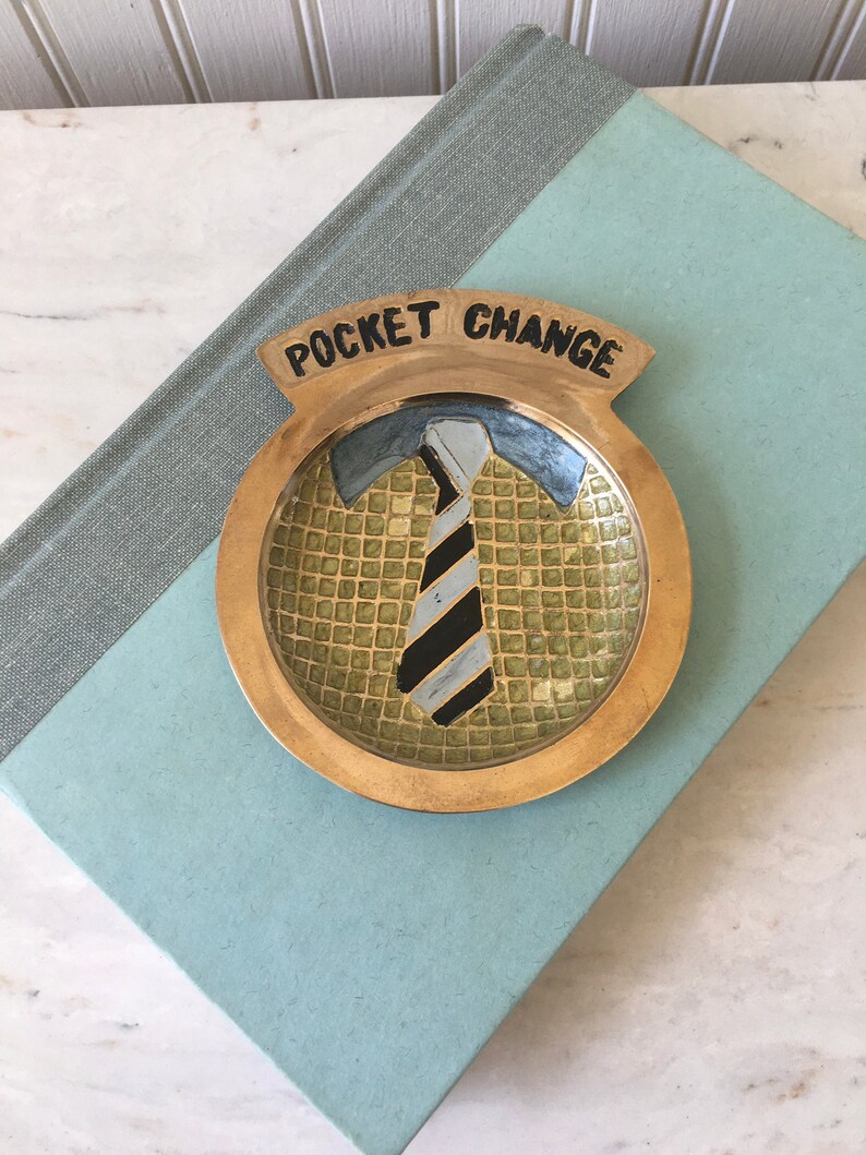 Mid Century Brass Pocket Change Dish: Shirt & Tie Valet Tray, Dresser Top Catch All image 1