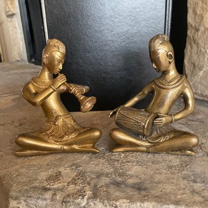 Vintage Brass Thai Musician Figurines: Tribal Folk Art, Set of 2
