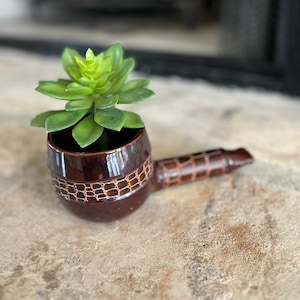 Vintage Ceramic / Terracotta Pipe Planter, Tobacco Pipe Bowl w/ Faux Alligator Leather Trim on Bowl and Pipe Stem, Catch All, Desk Organizer