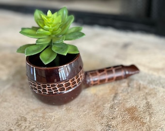 Vintage Ceramic / Terracotta Pipe Planter, Tobacco Pipe Bowl w/ Faux Alligator Leather Trim on Bowl and Pipe Stem, Catch All, Desk Organizer