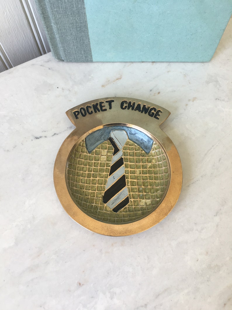 Mid Century Brass Pocket Change Dish: Shirt & Tie Valet Tray, Dresser Top Catch All image 2