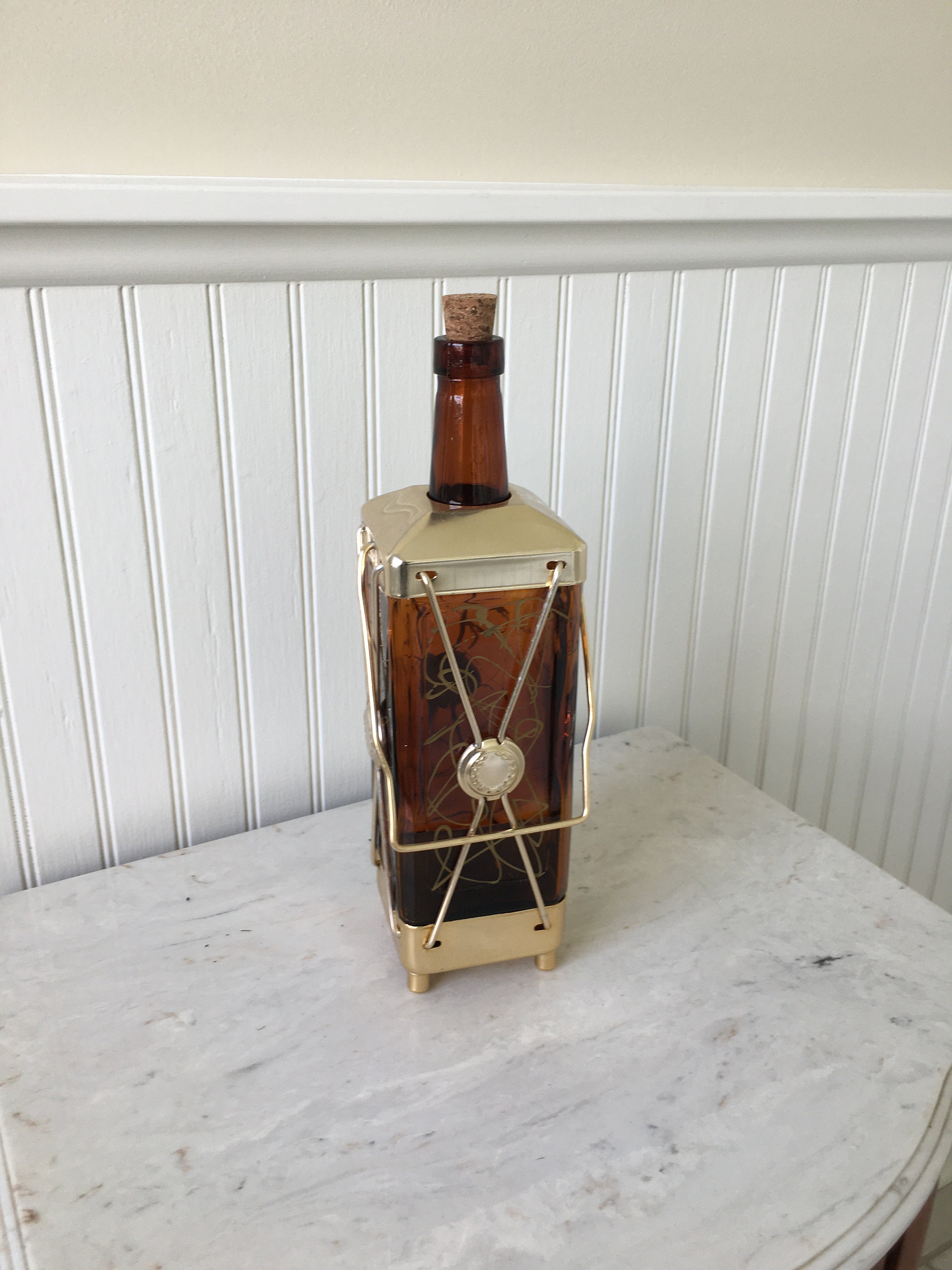 Vintage Music Box Decanter Amber Glass Decanter Gold Metal Etsy