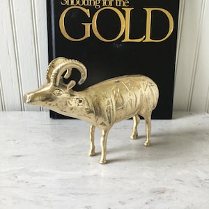 Vintage Brass 8&quot; Ram, Brass Wild Sheep with Hieroglyphics, Wild Goat, Mesopotamian Design, Big Horn Sheep, Muflon, Ibex, Etched Brass Ram