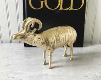 Vintage Brass Ram Figurine: Mesopotamian Etched Wild Sheep Decor (8")