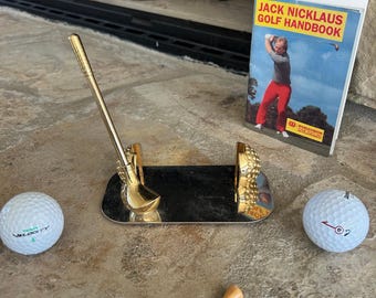 Vintage Brass Golf Pen and Card Holder Set, Golf Club Pen, Golf Ball Card Holder, Golf Desk Accessory, Brass Club & Ball, Silver Metal Base