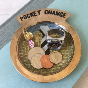 Mid Century Brass Pocket Change Dish: Shirt & Tie Valet Tray, Dresser Top Catch All image 5